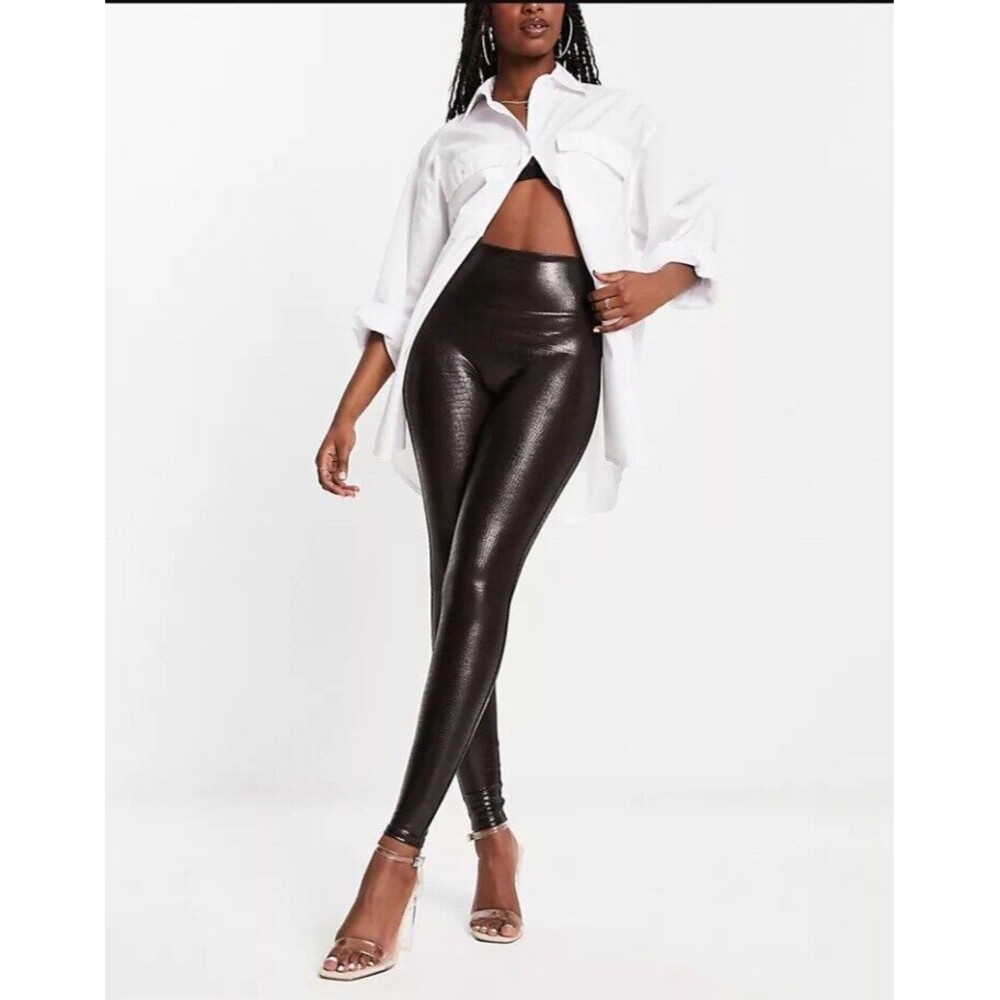 SPANX Leggings Medium Faux Leather Croc‎ Embossed Shine Black Pant 20303R